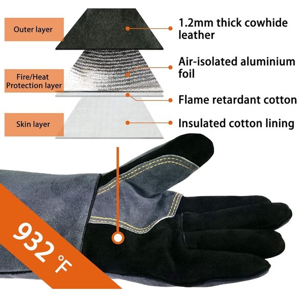 Men Black/Grey 16 Inches Fire & Heat Resistant Fireplace Leather Welding Gloves - Picture 2 of 6